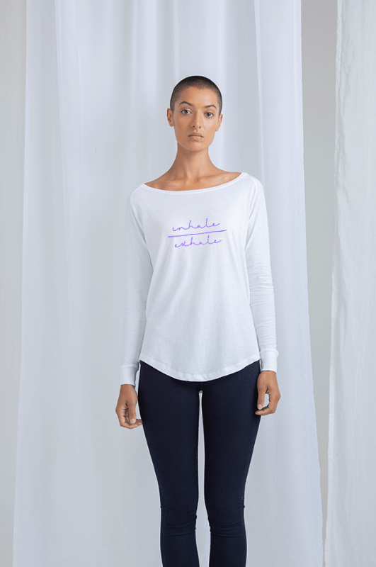 Sacred Threads yoga wear ethically sourced and produced super soft organic cotton womens shaped hem long sleeved tshirt